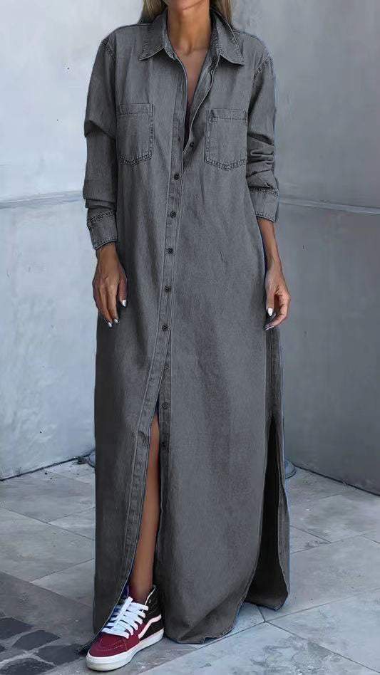 Sukienka jeansowa z długimi rękawami i klapami