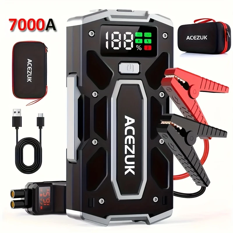 Rozrusznik samochodowy 7000A szczytowy 12V (10,0 l benzyny/8,0 l oleju napędowego), akumulator rozruchowy ze światłem LED, inteligentny rozrusznik z 8 zabezpieczeniami, w zestawie z torbą transportową