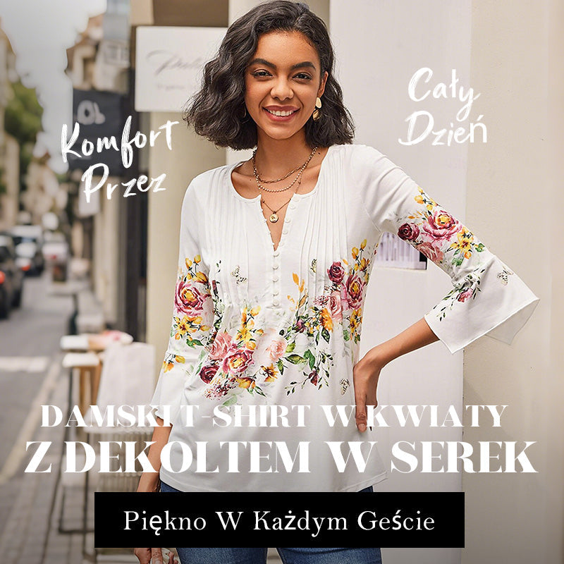 🌺 Damska koszula z dekoltem w serek z nadrukiem✨