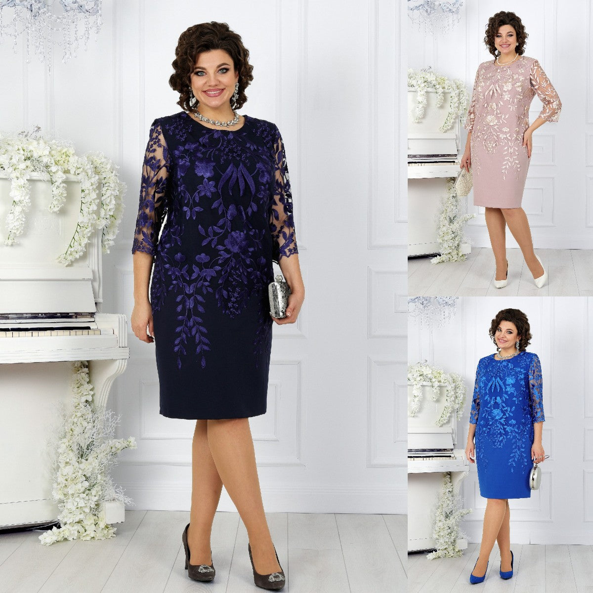 Sukienka oversize z koronkowymi patchworkami i nadrukiem