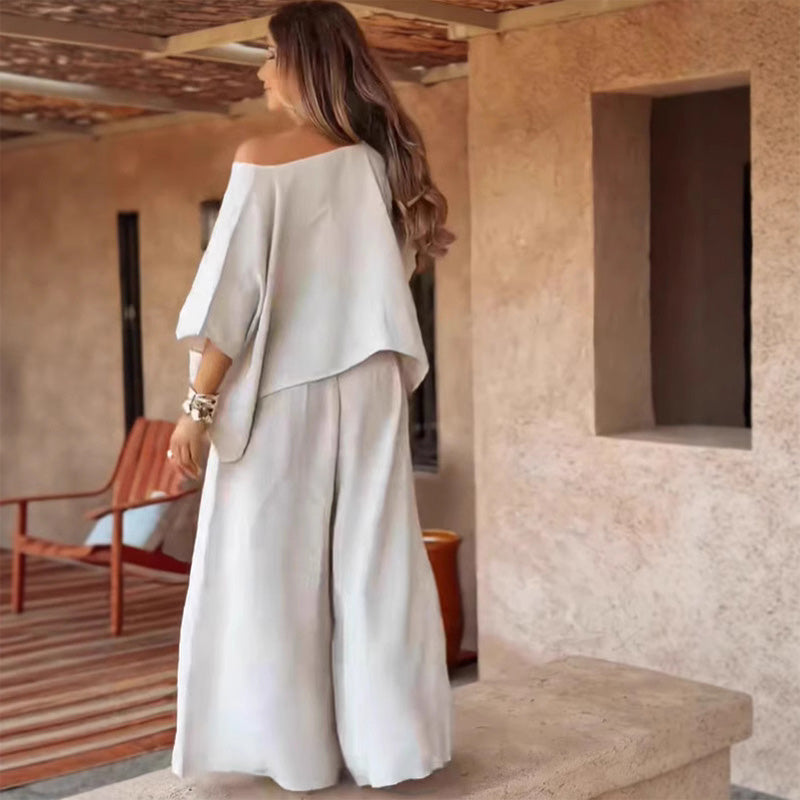 ⏳Ograniczona czasowo oferta specjalna💕 Dwuczęściowy damski zestaw z topem z odkrytymi ramionami i szerokimi spodniami