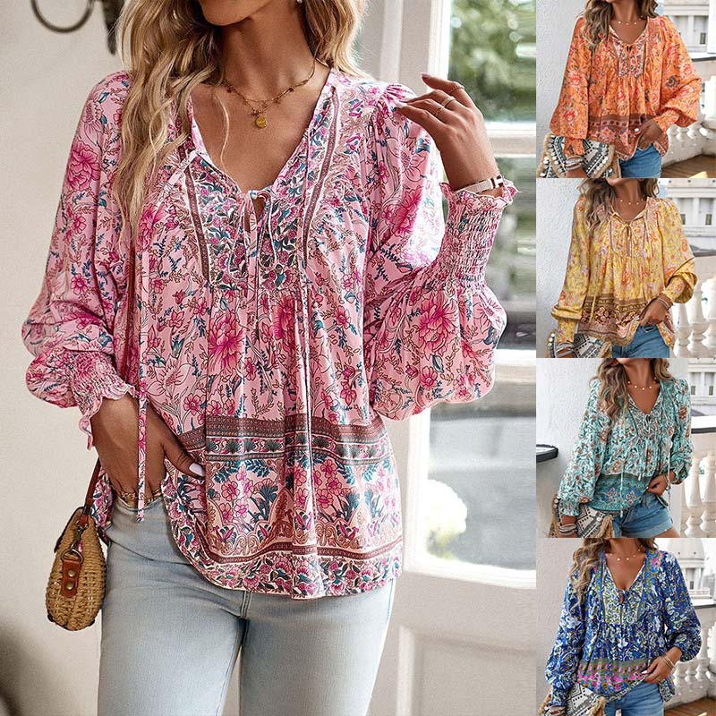 【S-2XL】🌺Damska modna koszula z długim rękawem i nadrukiem w serek