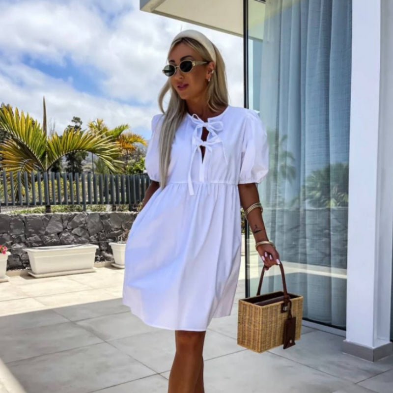 💕 Sukienka z bufiastym rękawem z kokardą z przodu w czystym kolorze