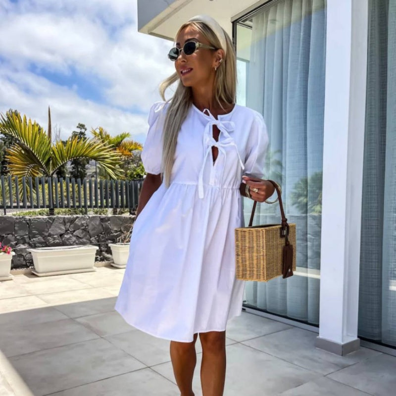 💕 Sukienka z bufiastym rękawem z kokardą z przodu w czystym kolorze