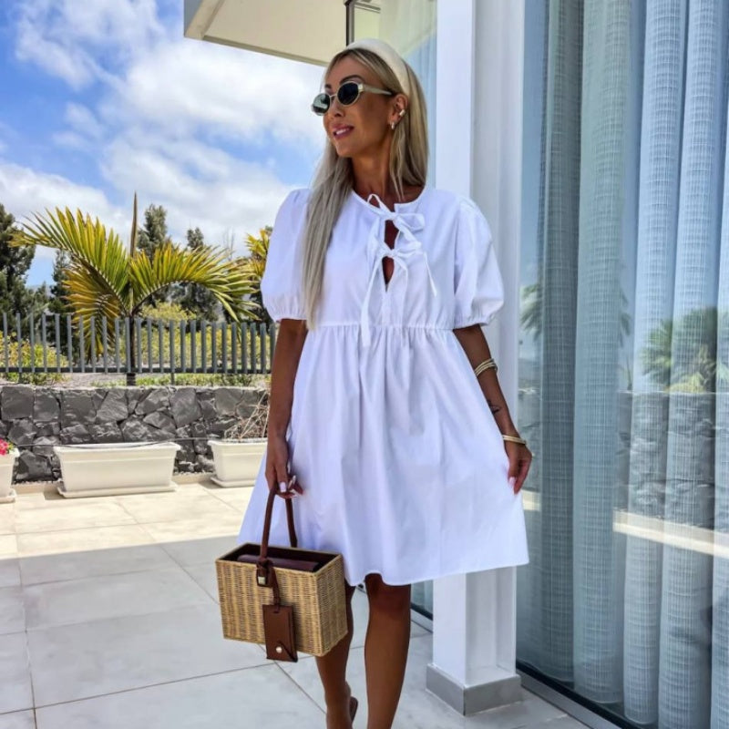 💕 Sukienka z bufiastym rękawem z kokardą z przodu w czystym kolorze