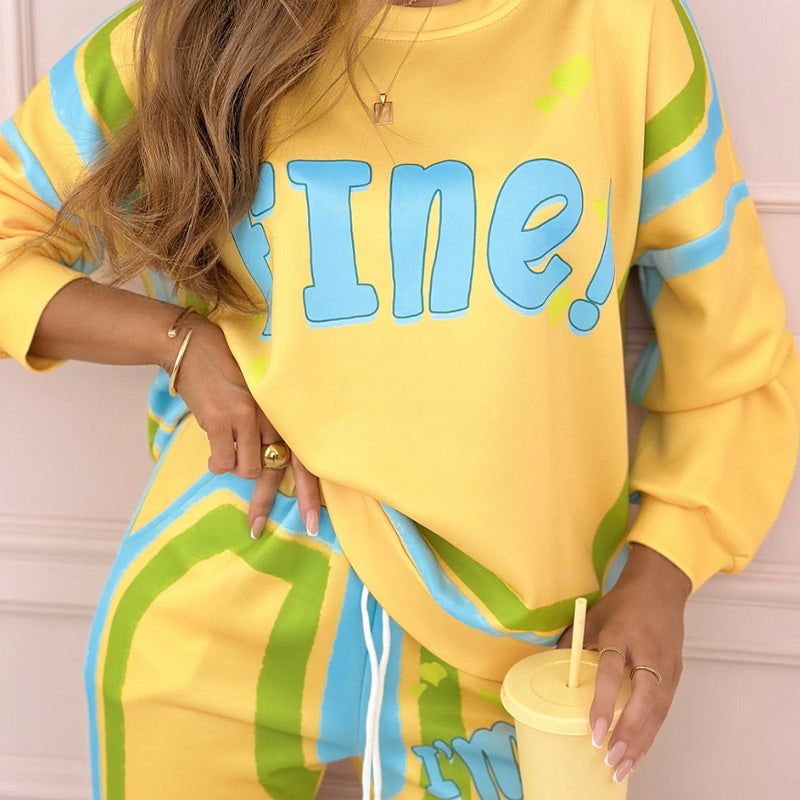 ✨Kolorowy damski komplet dresowy: bluza + joggery z nadrukiem