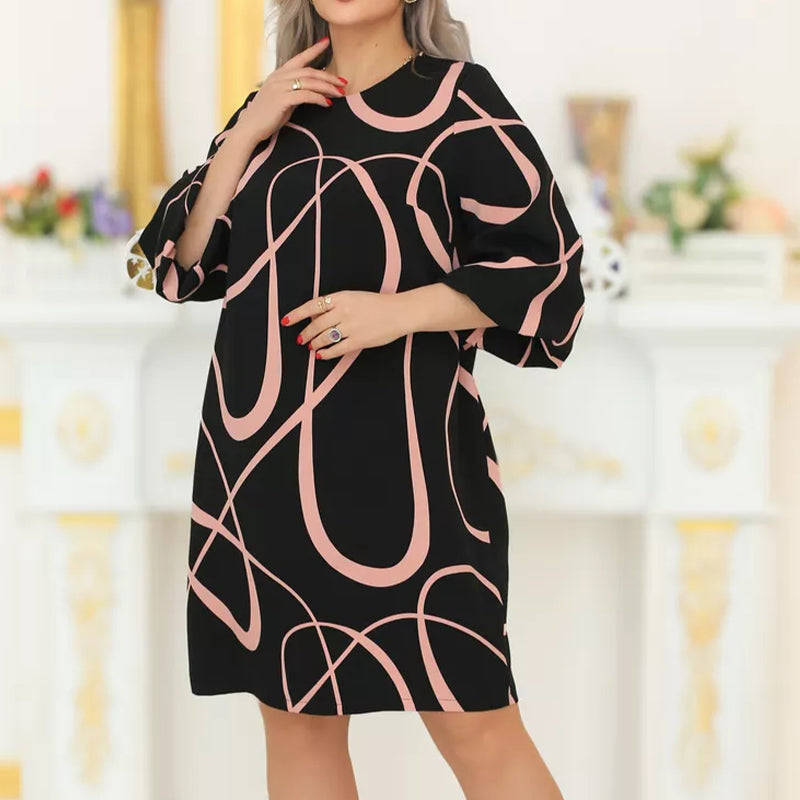 🌸 Sukienka z nadrukiem z okrągłym dekoltem i rękawem siedem czwartych