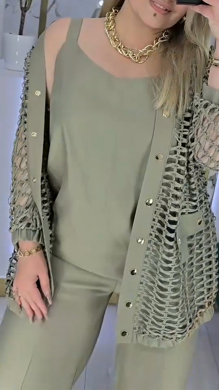 Trzyczęściowy damski kombinezon do dojazdów do pracy z wycięciem