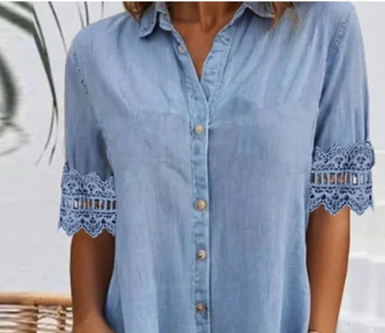 ⏳Niebieska prosta sukienka z kołnierzykiem i koronkowym wykończeniem w stylu jeansowym Mini