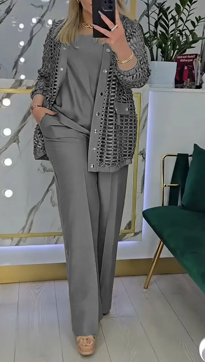 Trzyczęściowy damski kombinezon do dojazdów do pracy z wycięciem