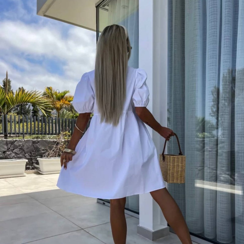 💕 Sukienka z bufiastym rękawem z kokardą z przodu w czystym kolorze