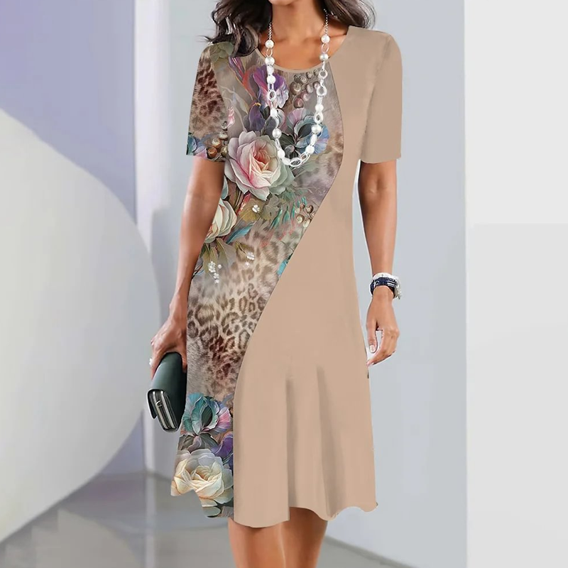 🌸Damska elegancka sukienka z okrągłym dekoltem w kwiatowy print