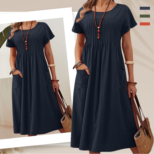 Sukienka plisowana damska z krótkimi rękawami i kieszeniami