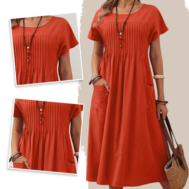 Sukienka plisowana damska z krótkimi rękawami i kieszeniami