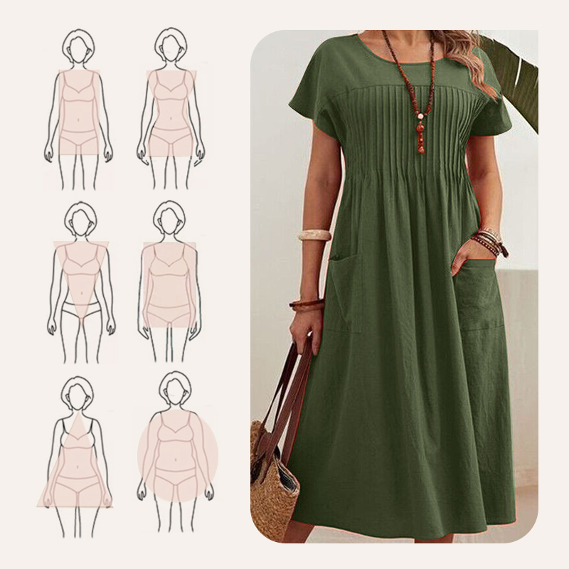 Sukienka plisowana damska z krótkimi rękawami i kieszeniami