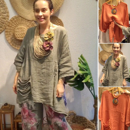 ✨Lniany top z kieszeniami bocznymi dla kobiet o luźnym kroju