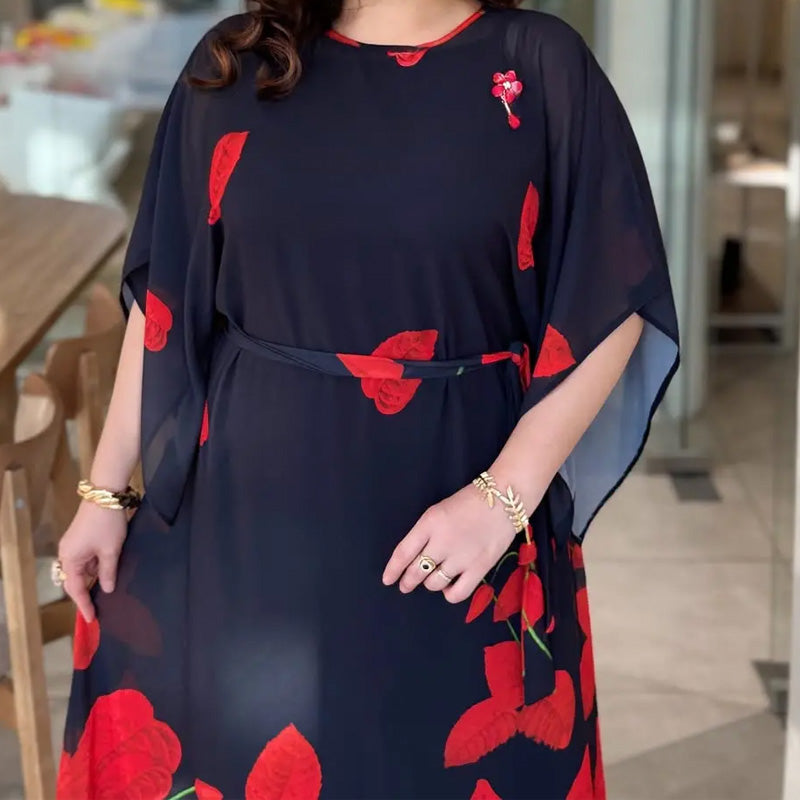 👗 Sukienka z falbankami, okrągłym dekoltem i paskiem 🌸 | Kwiatowy nadruk | Regulowana sylwetka