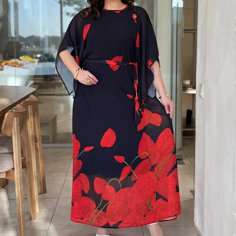 👗 Sukienka z falbankami, okrągłym dekoltem i paskiem 🌸 | Kwiatowy nadruk | Regulowana sylwetka